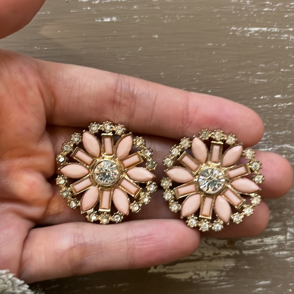 Peach Pink Statement Stud Earrings Brushed Gold Floral Inspired Bold Fashion Jew